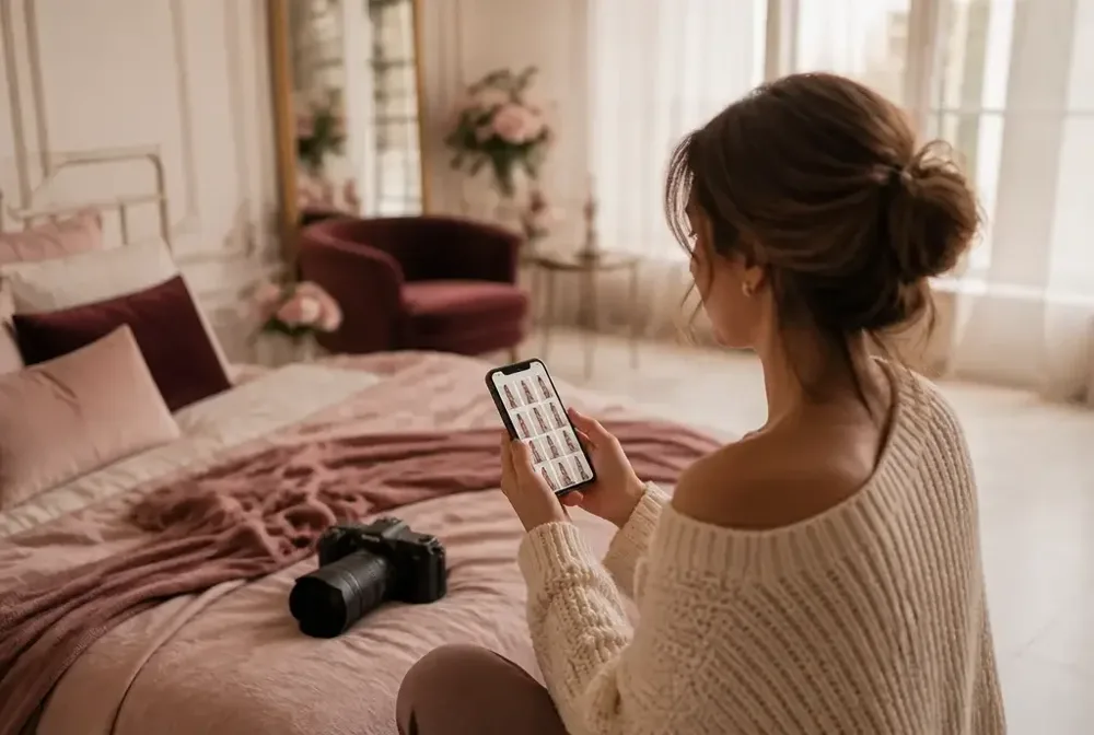 Fotógrafa revisando referencias de poses boudoir en su celular antes de la sesión