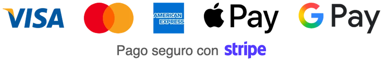 Visa, Mastercard, American Express, Apple Pay, Google Pay. Pago seguro con Stripe
